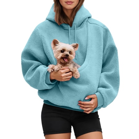 Women Pet Pouch Hoodie Oversized Sweatshirt with Front Carry Pocket Sky Blue M