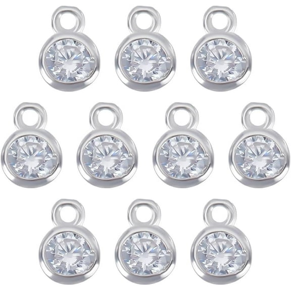 10Pcs 925 Sterling Silver Charm Pendant Cubic Zirconia Charm Flat Round Charms Gemstone Pendants 4x5.5mm Silver Charms Metal Charms for Necklace Bracelet Earring Jewelry Making