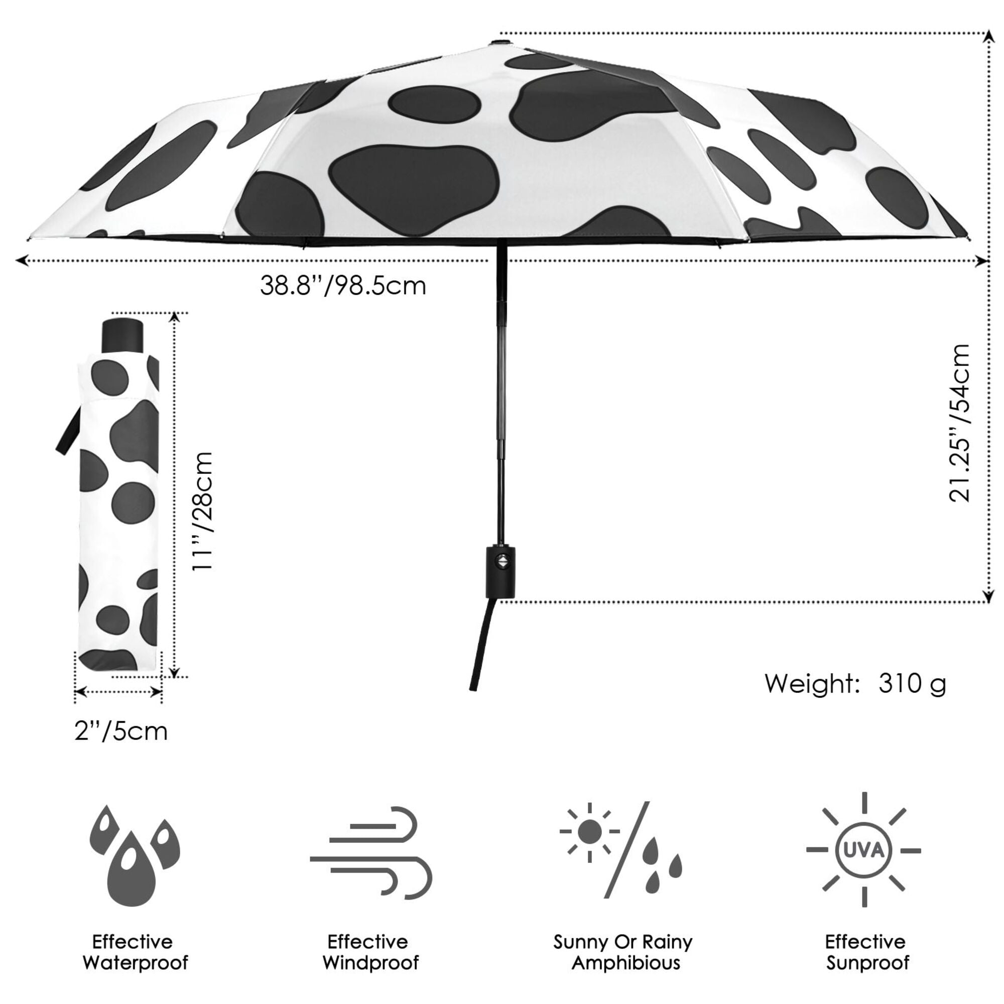 FORMRS Travel Umbrella Folding Auto Open Close Windproof Rain UV Protection, Cow Spots