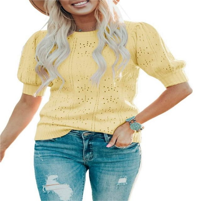 QJUHUNG Women Short Puff Sleeve Sweaters Loose Lightweight Pointelle Knit Pullover Tops