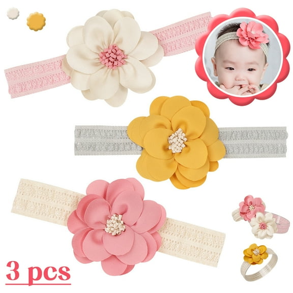 POINTERTECK 3 Pack Baby Flower Lace Headbands,Elastic Hair Band, Super Soft & Stretchy Floral Camellia Headwrap for Newborn Infant Toddlers Kids, Hair Accessories