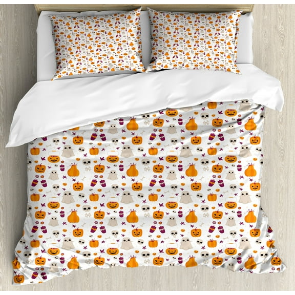 Ghost Duvet Cover Set Queen Size, Cartoon Pattern of Pumpkin Ghost Skull and Other Elements Inspired by Halloween Party, Decorative 3 Piece Bedding Set with 2 Pillow Shams, Multicolor, by Ambesonne