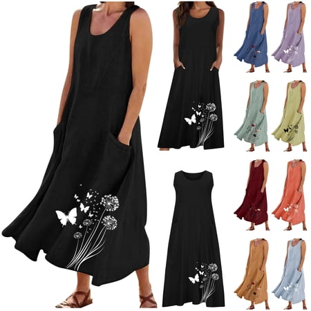BiZtdJrK Dresses for Women Summer Cotton Linen Sundress Plus Size Sleeveless Flowy Maxi Dress Fashion Boho Graphic Beach Tank Dress with Pockets Brown XXXXL