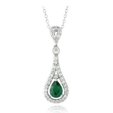 Created Emerald Cross - Sterling Silver Created Emerald & CZ Teardrop Necklace