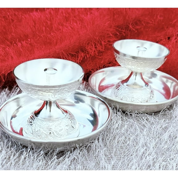 Indiancraftsbykanika Silver Akhand Diya With Plate Set, 2 Full Sets, 4 Count