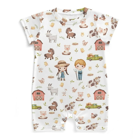 Farm Animals Life Baby Romper Boy Girl Farmers Truck Chicken Horse Sheep Pig Cow Barn Summer Round Neck Short Sleeve Jumpsuit Bodysuit