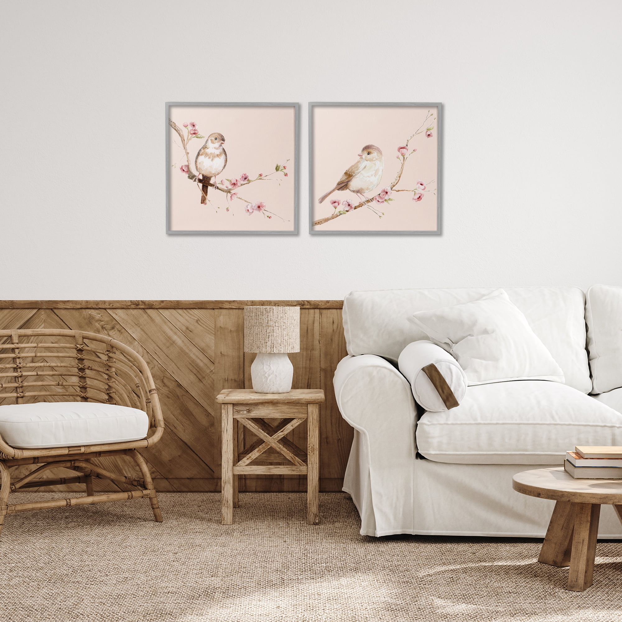 Sweetest Brown Birds Branch 2 Piece Gray Framed Giclee Art Set, design by Lisa Wehmeyer