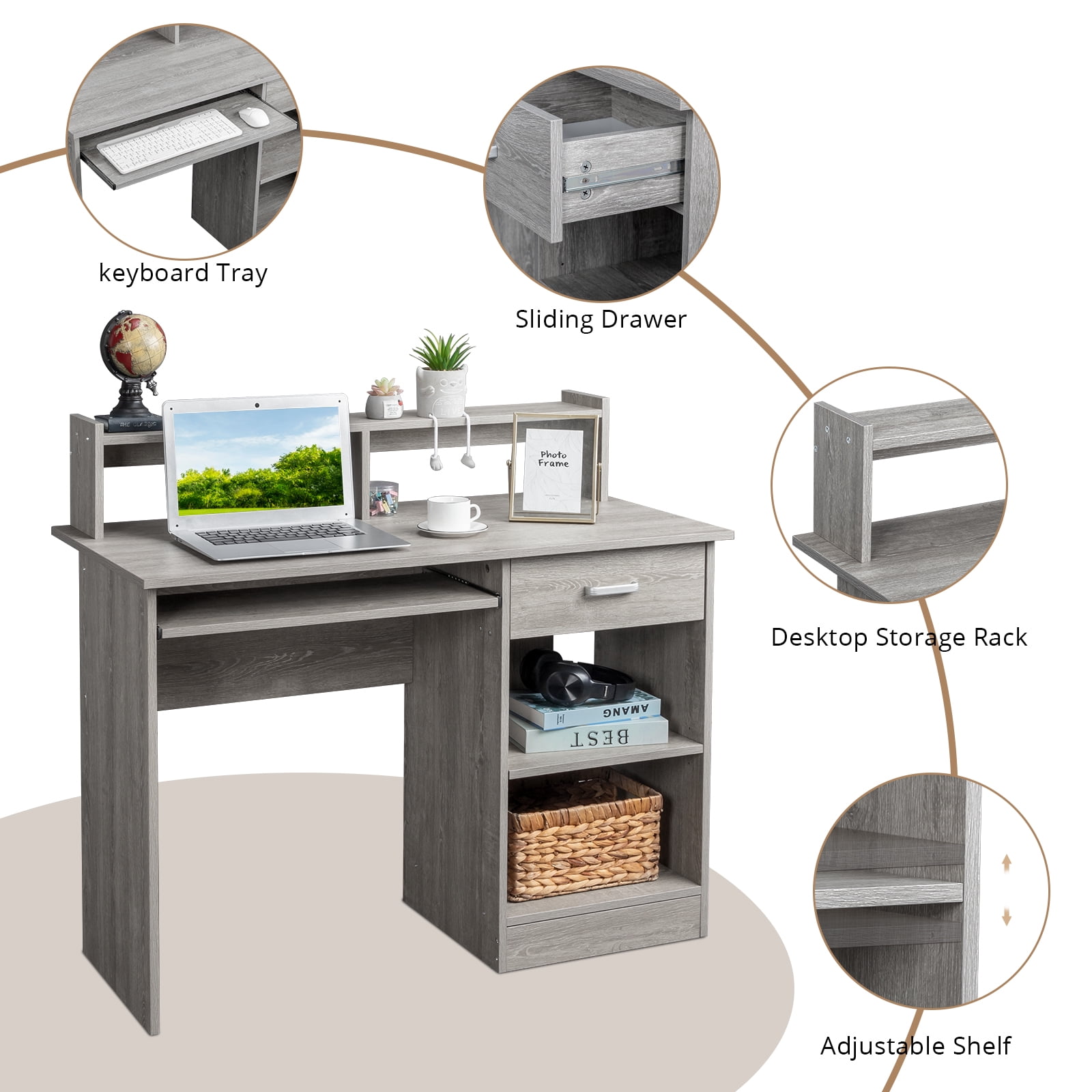 Winado Computer Desk Home Office Workstation Laptop Study Table w/Drawer Keyboard Tray, Gray