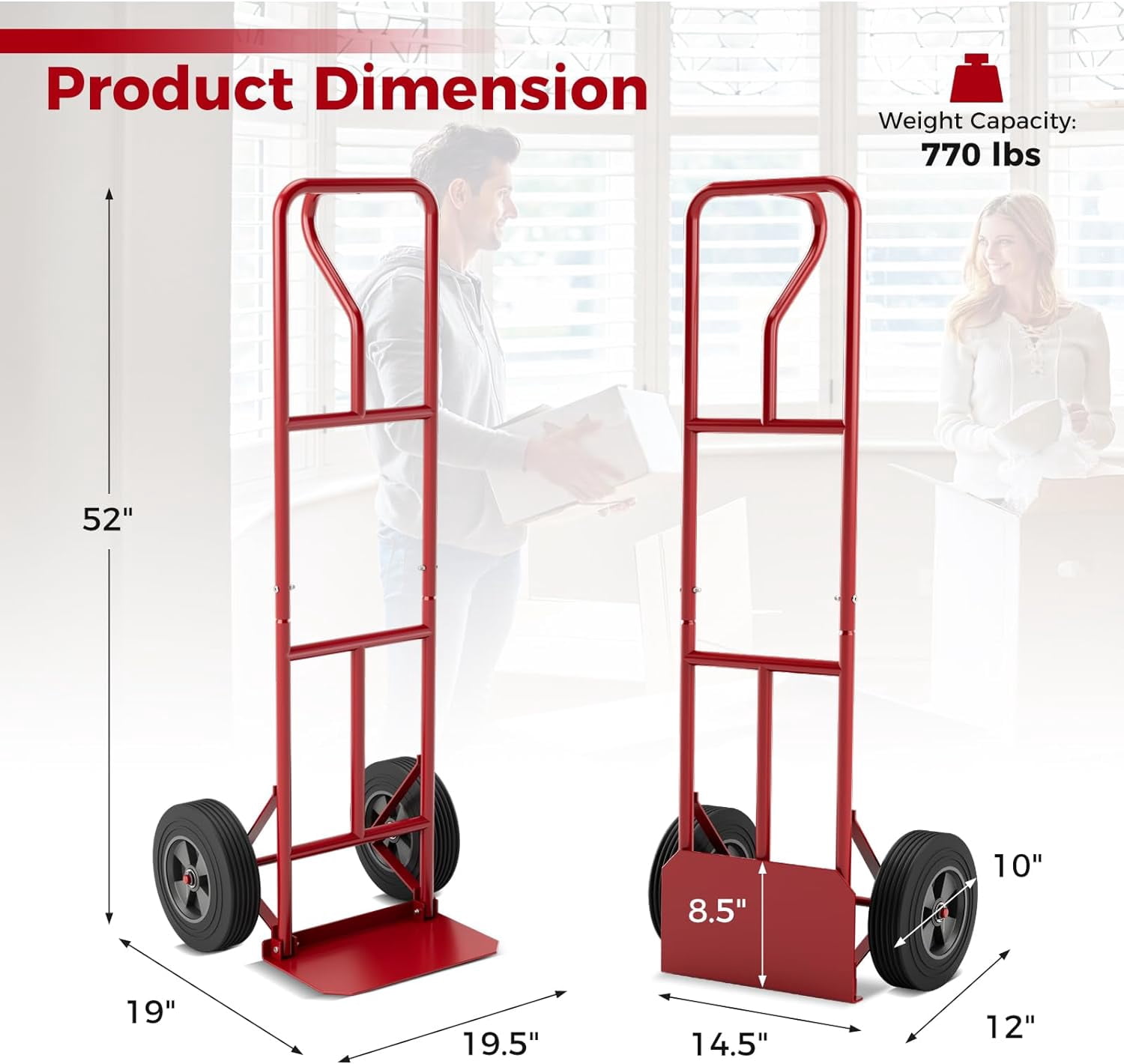 Fusion Hand Truck, P-Handle Hand Truck Dolly w/Vertical Loop Handle, 10” Rubber Wheels, 15”x8” Foldable Nose Plate, 660LBS Capacity, Heavy Duty Metal Dolly Cart for Lifting, Stairs (Red)