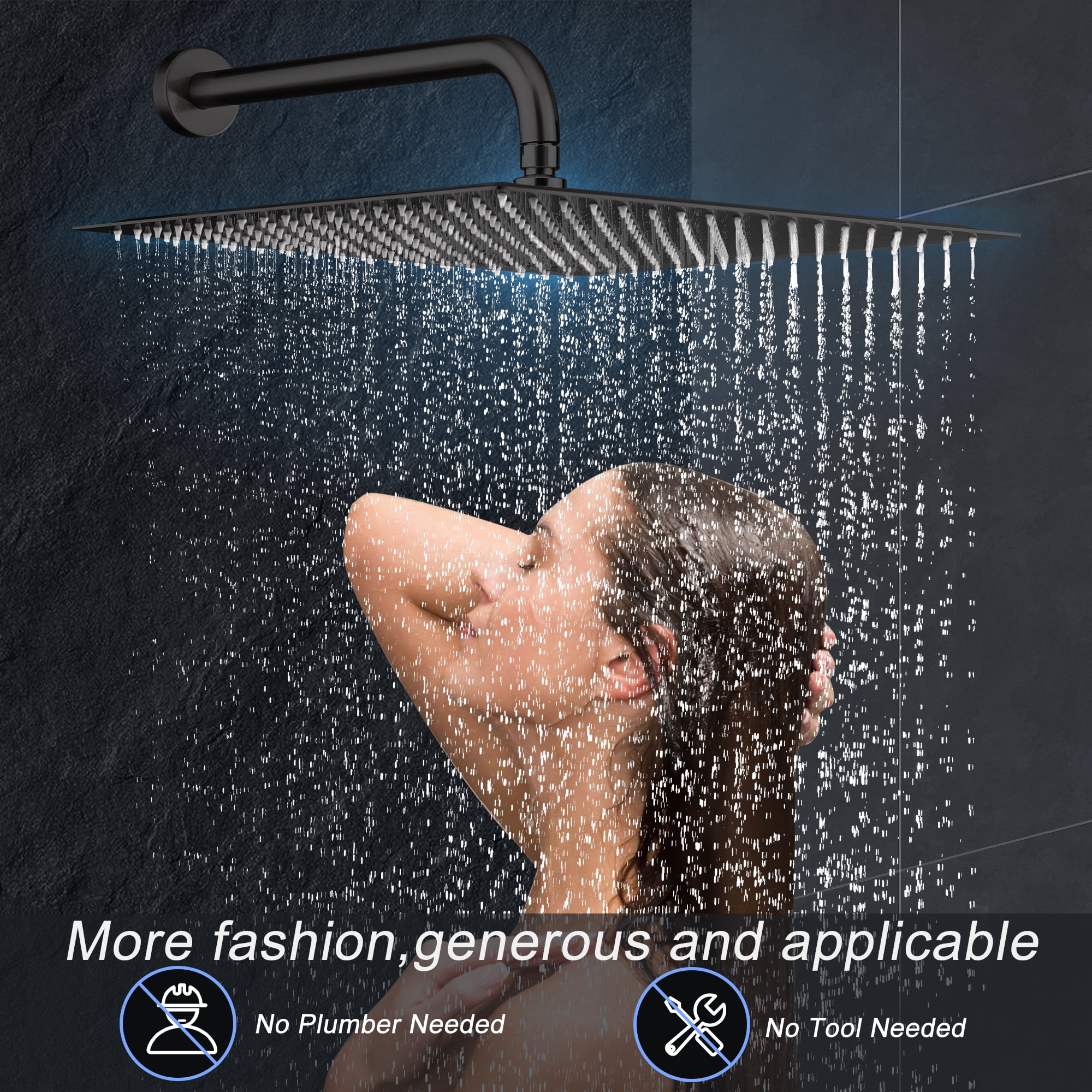 16 Inch Black Rain Shower Head, Square Ultra Thin 304 Stainless Steel High Pressure Shower Head, Large Rainfall Shower Head Full Body Coverage Modern Waterfall Shower Head