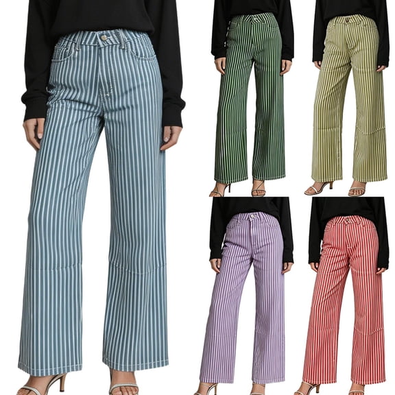 ClodeEU Women's Striped High Rise Wide Leg Cropped Pant, Casual Slim Ankle Length Pants with Pockets Blue,Women's Plus M