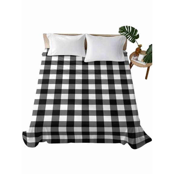 Black White Plaid Flat Sheet Only Twin Size, Soft Breathable Bed Top Sheets for Mattress, Modern Simple Buffalo Check Gingham Luxury Bedding Flat Sheets for Home Hotel Bedroom Bed Protection