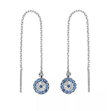 K-KED S925 Solid Sterling Silver Eye Chain Link Long Threader Through Evil Earrings
