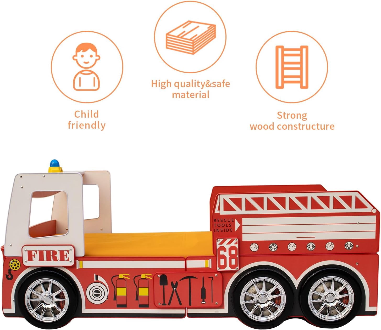 WAWOKV Twin Size Car Bed for Kids, Fire Truck-Shaped Wooden Platform Bed Frame with LED Lights, Headboard Wheels and Support Slats for Boys Toddlers Child's Bedroom (Red)