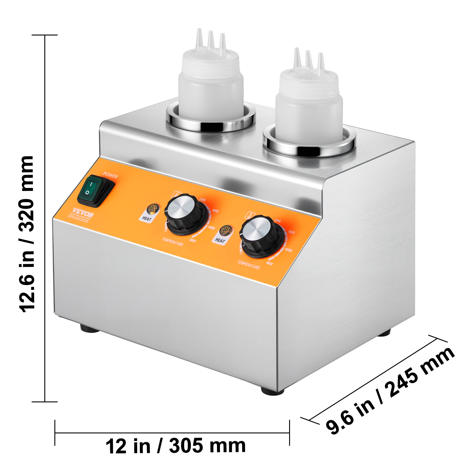 VEVOR Electric Bottle Warmer with Bottles, 0.8x2 LCommercial Cheese Dispenser, Hot Fudge Warmer 86-185℉ Temp Adjustable, Plastic Double Bottles Nacho Cheese Warmer, for Hot Fudge Cheese Caram Caramel
