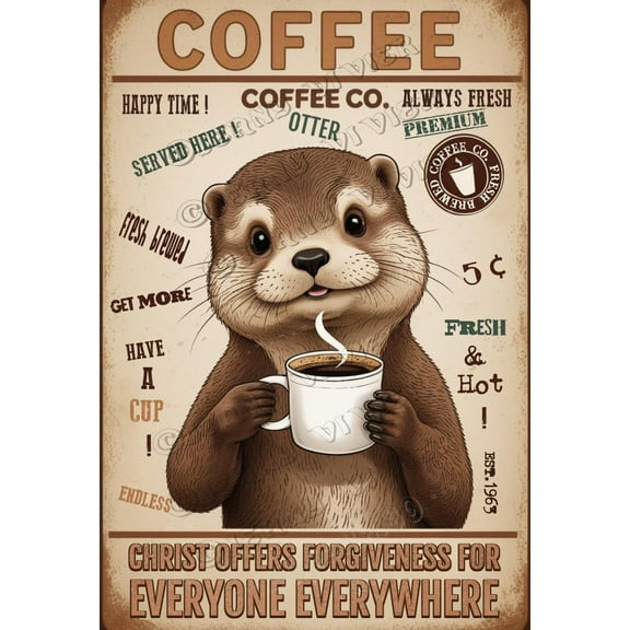 Otter Decor Coffee Christ Offers Forgiveness for Everyone Everywhere Retro Aluminum Sign,12x8 inches, Coffee Bar Tin Sign, Rustic Farmhouse Wall Decor for Kitchen Cafes Coffee Shop Decor