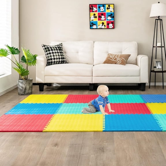 12 Tiles Exercise Flooring Mats with Border, Non-Slip EVA Foam Protective Mats, Elastic Puzzle Play Mats, 1/2" Interlocking Floor Mats for Home Gym, Fitness Room, Workshop Equipment