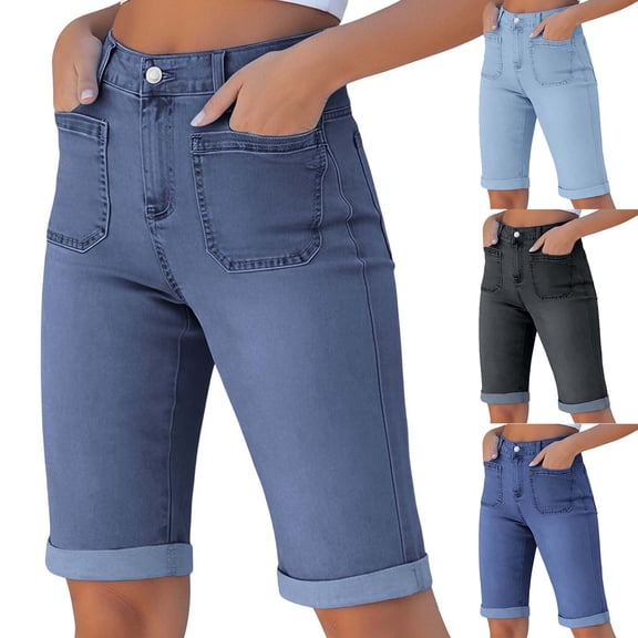Women's Stretch Denim Elastic Waist Casual Shorts with Pockets, Perfect for Summer Outings, Weekend Errands, or Casual Wear, Comfortable | CSEONE,Black L