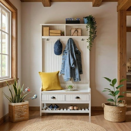 Resenkos 3-in-1 Hall Tree with Coat & Shoe Rack, White