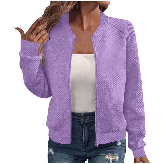 MORESEC Women Casual Jacket Long Sleeve Zip Up Collared Outerwear Solid Basic Coat for Spring Vacation Fashion Clothes, Purple S