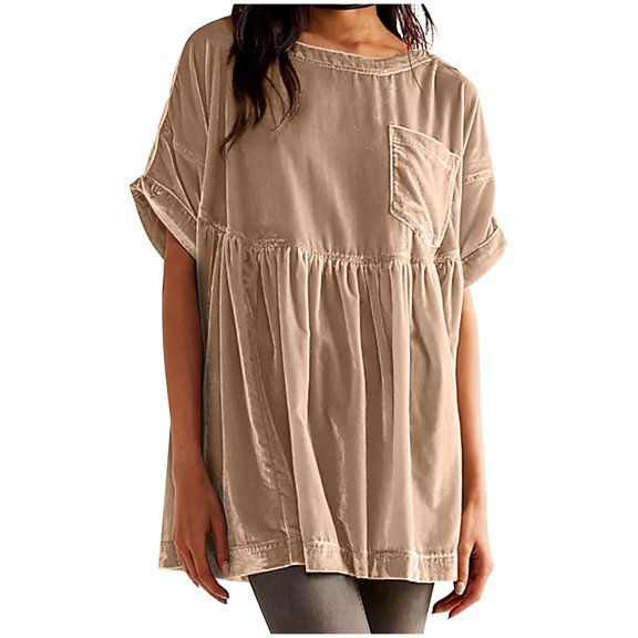 AXXD Womens T Shirts Basic Summer 2024 Casual Solid Color Gold Velvet Casual Pleated Pocket Short Sleeved Top