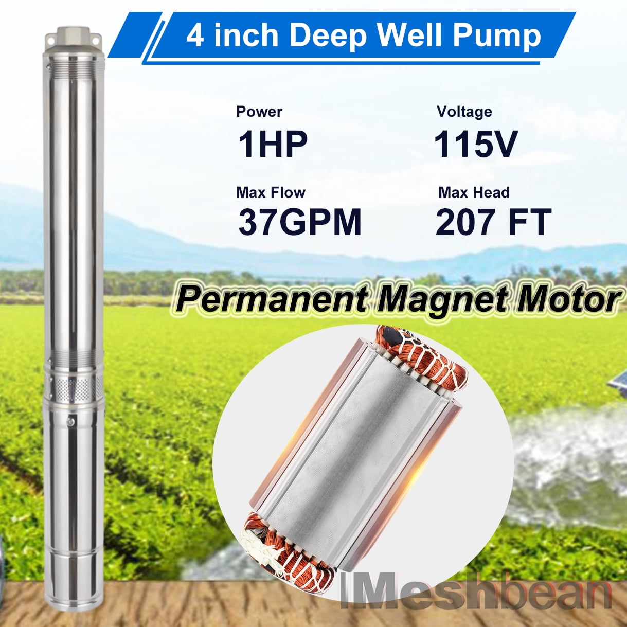 iMeshbean Deep Submersible Well Pump 1 HP Submersible Well Pump 110V Water Pump 37GPM 207ft Head with 100ft Electric Cable Stainless Steel Water Well Pumps Submersible w/ Bonus Outlet