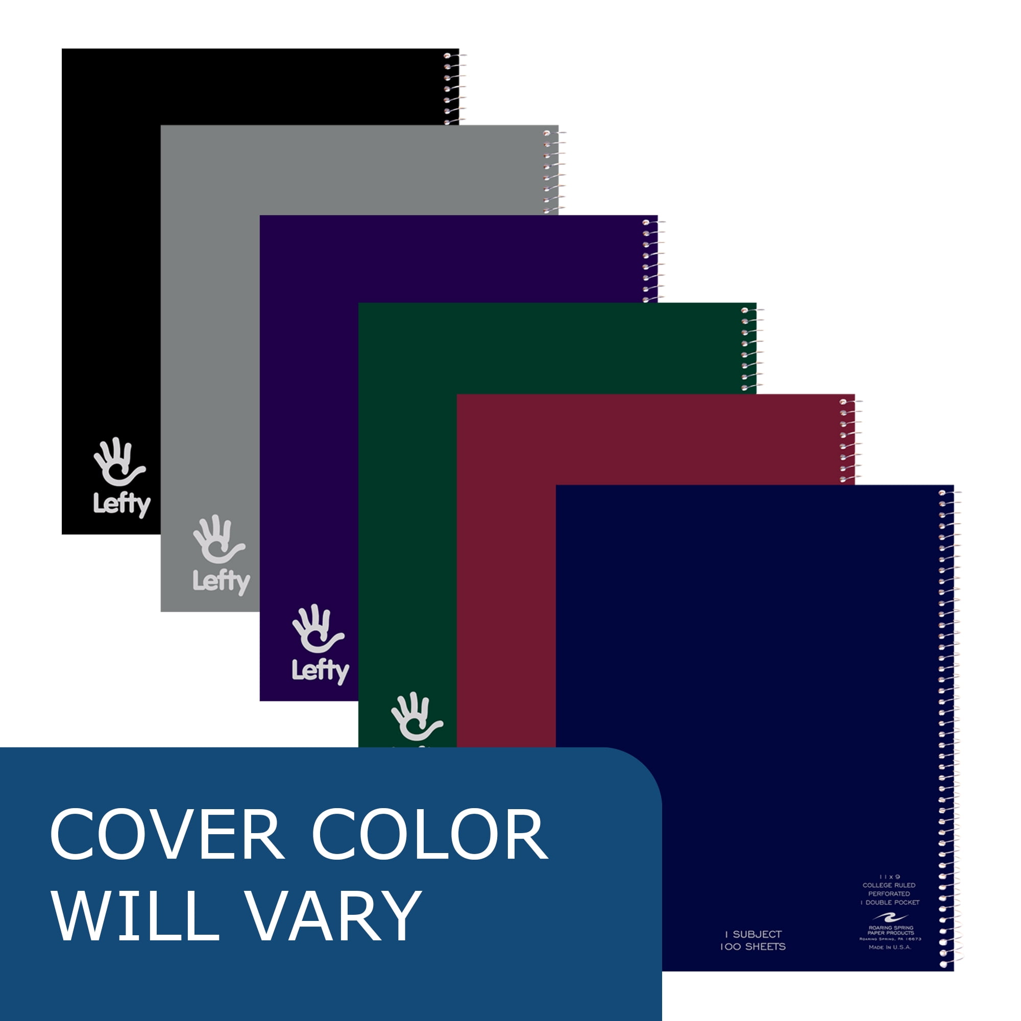 Roaring Spring Lefty Wirebound Spiral Left Handed Notebook, Case of 24, 1 Subject, 11" x 9", 100 Sheets College Ruled Paper, Assorted Color Covers