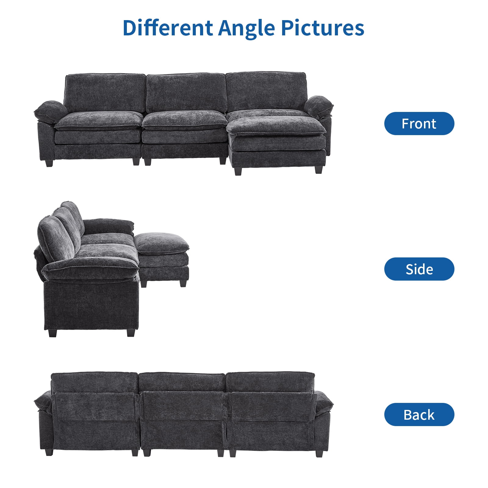 Capri 122" Oversized Sectional Couch, L Shaped Cloud Couch, Convertible Sofa Set for Living Room, Chenille, Black
