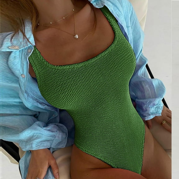 Fartey Womens One Piece Swimsuit Fashion Elegant Ribbed Bathing Suit Slimming Tummy Control Swimsuits Trendy 2025 Solid Color Beach Swimwear Army Green S-2XL