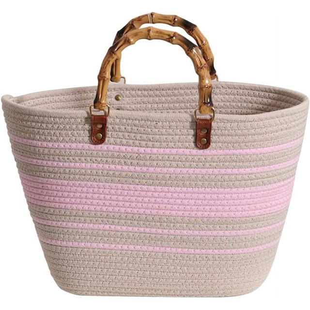 LHSHID Summer Beach Bag for Women Bamboo Handle Handbag Purse Soft Woven Tote Bag Handmade Beach Purse for Vacation