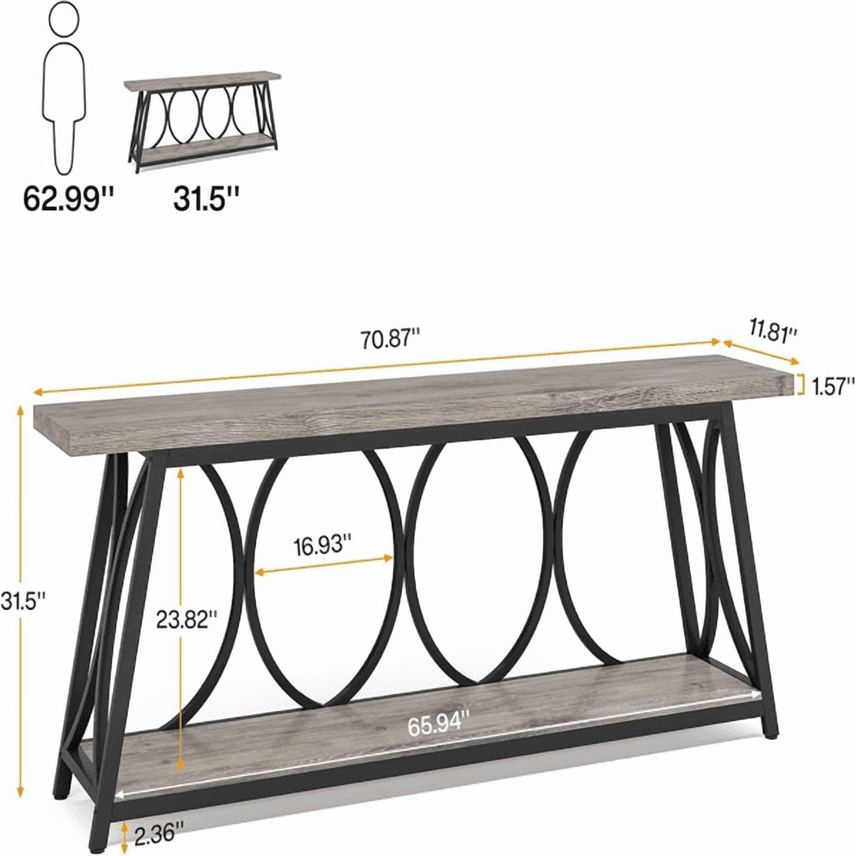 70.9" Vintage Rustic Console Table - Wood & Black Metal, 1.57" Particle Board with Bottom Shelf, 230lb Capacity for Living Room, Entryway, Behind Couch, Hallway