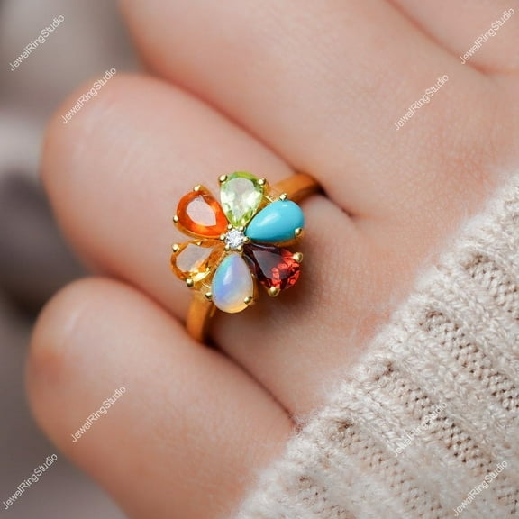 Multi Gemstone Ring Silver Gold Ring Gift For Her Floral Ring Wedding Ring Anniversary Women Mom Gift