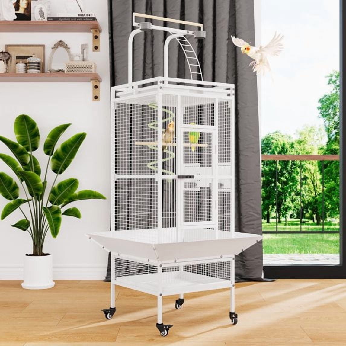 SOBREMESA 61 Inch Large Bird Cage with Rolling Stand, Heavy-Duty Wrought Iron Birdcage with Ladder, Playtop Parrot Cage for Parrots, Cockatiels, Budgies, Lovebirds, Small/Medium Birds