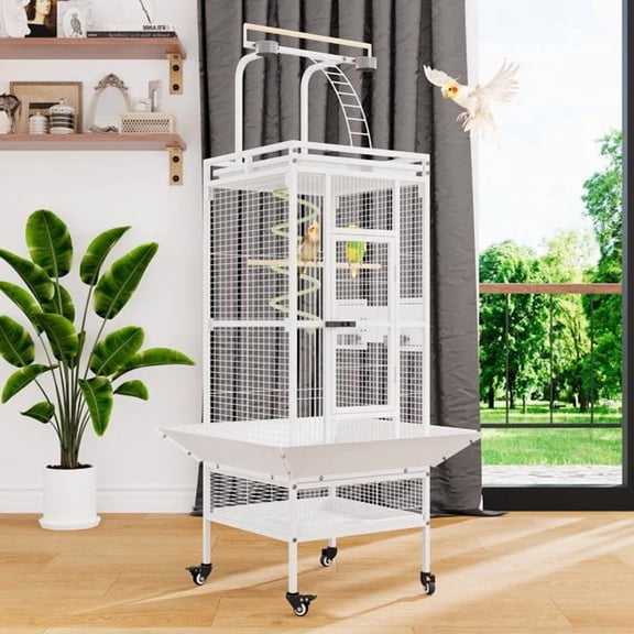 SOBREMESA 61 Inch Large Bird Cage with Rolling Stand, Heavy-Duty Wrought Iron Birdcage with Ladder, Playtop Parrot Cage for Parrots, Cockatiels, Budgies, Lovebirds, Small/Medium Birds