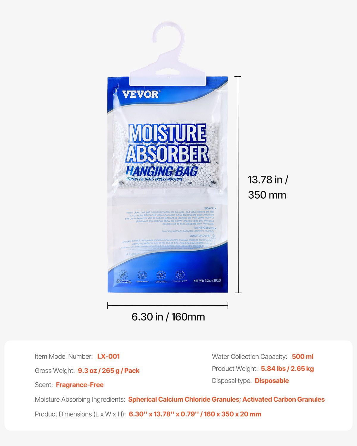 Hanging Moisture Absorber 10 Packs, 9.3 oz Closet Dehumidifier Bags with 500ml Capacity, Fragrance-Free Moisture Bags for Wardrobes, Bedrooms, Bathrooms, Kitchens, Damp Spaces, for Odor Control