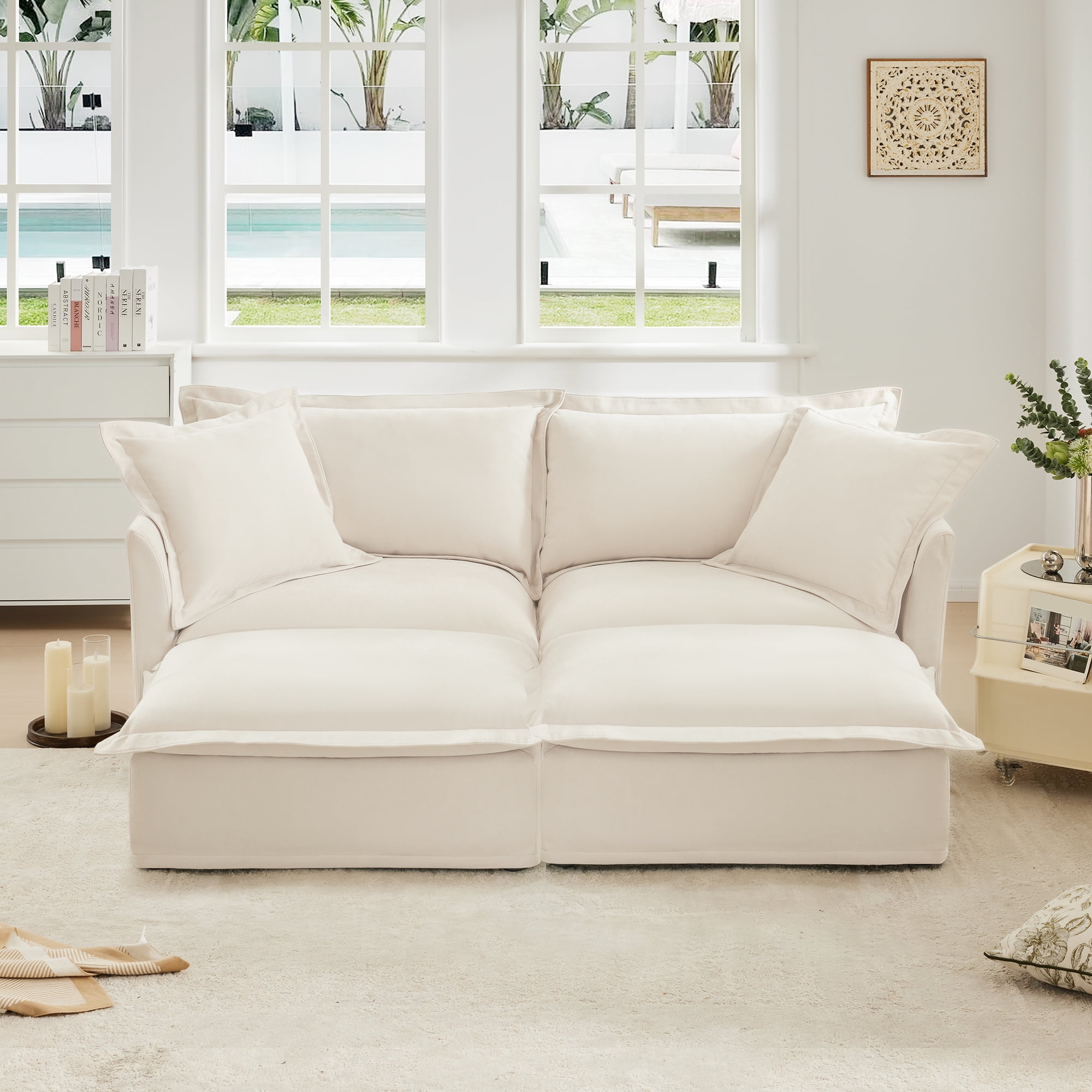 Gewnee 2 Seat Sleeper Sofa Bed with 2 Ottomans – Modular Sectional Sofa,Deep Seat Chenille Couch,Removable Washable Covers,Home Theater Seating.