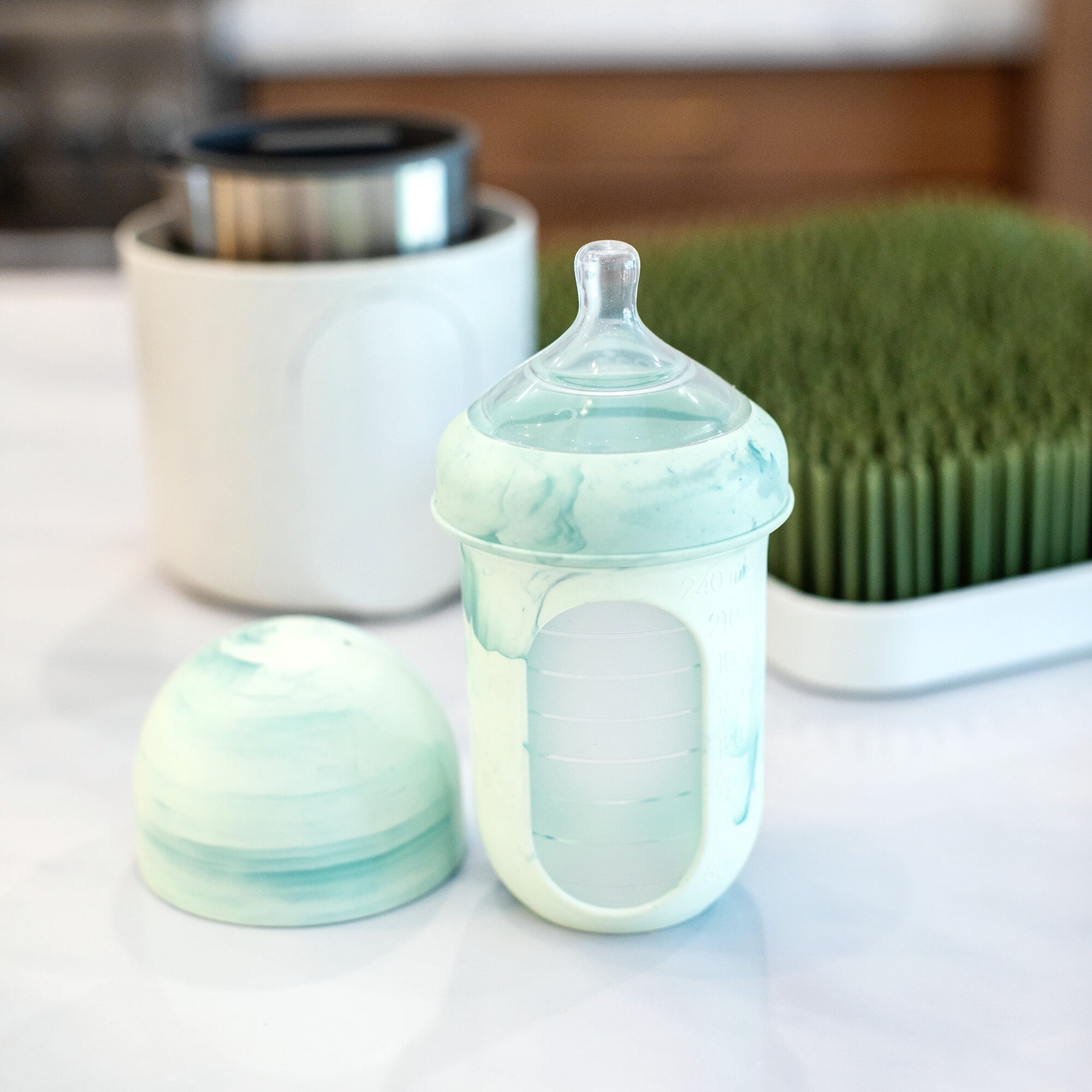 (3 pack) Boon NURSH Reusable Silicone Pouch Baby Bottle – Stage 2 Medium Flow – 8oz – Mint Tie Dye