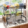 thumbnail image 4 of Over The Sink Dish Drying Rack Adjustable 25.5 to 33.5 inch 2 Tier Metal Steel Dish Drying Racks for Kitchen Counter with Hooks Paper Towel Utensil Cup Holder Sink Caddy (Black), 4 of 7