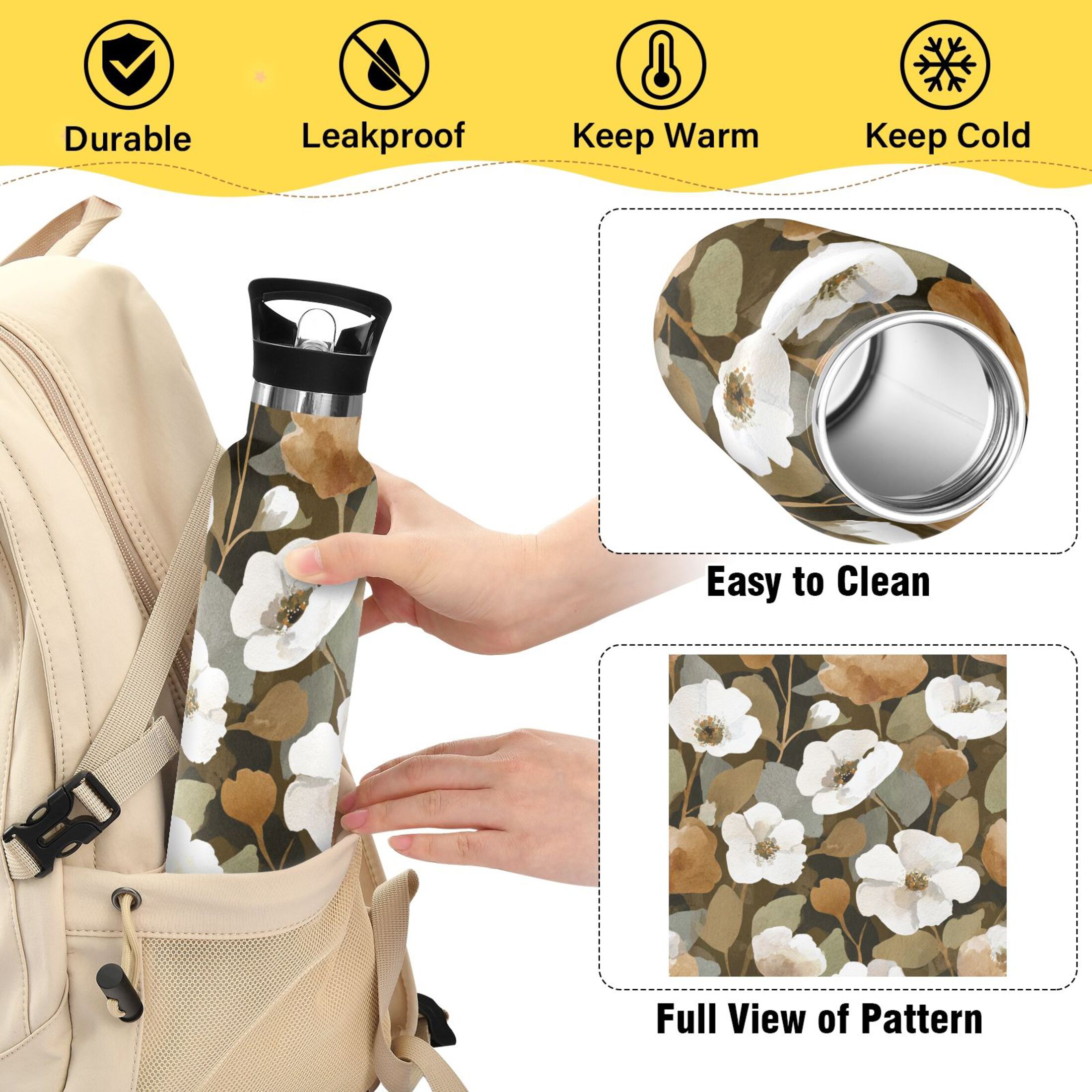 Kids Insulated Stainless Steel Sports Water Bottle 600ml (20oz) Camouflage White Flowers