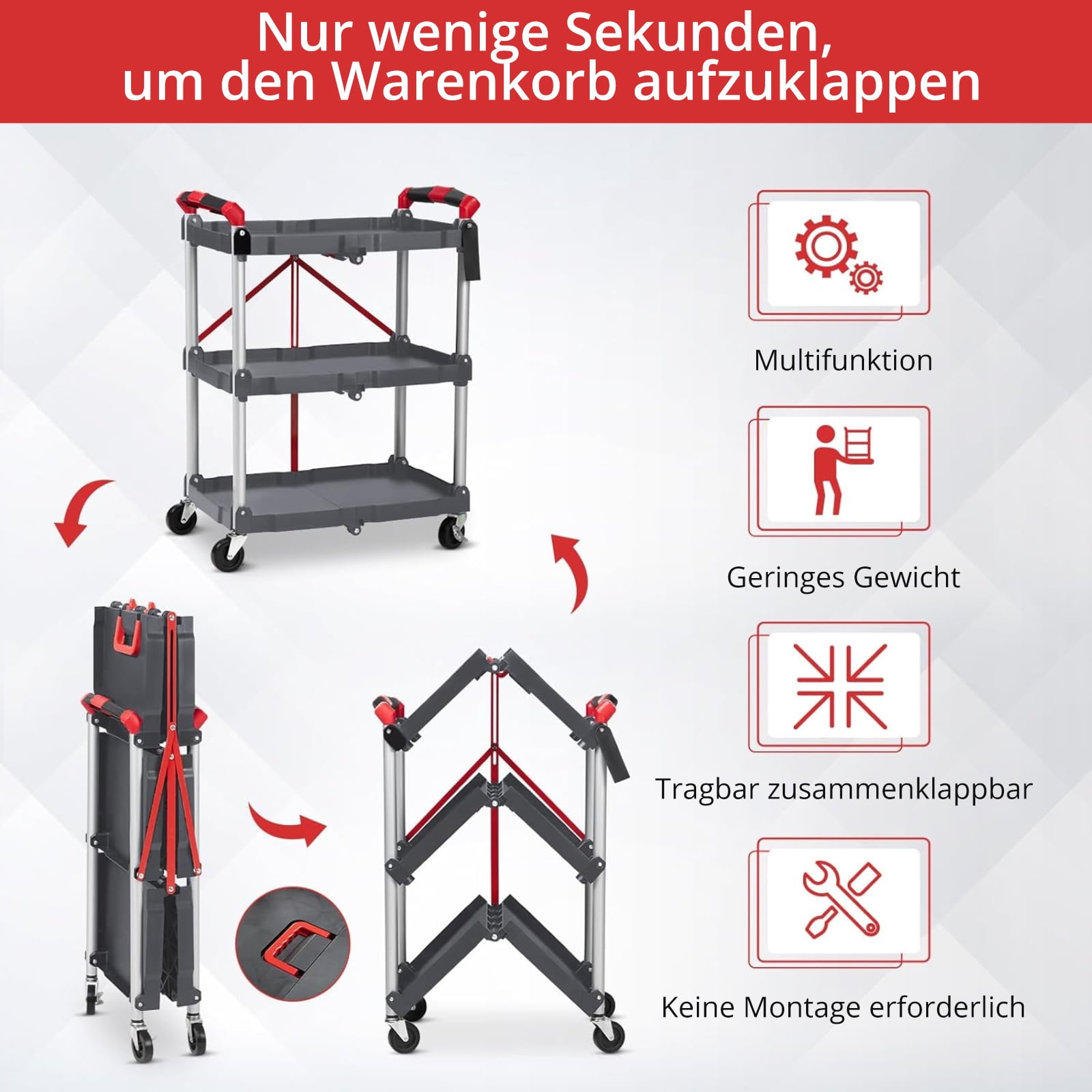 3-Tier Collapsible Service Cart with Locking Wheels, No Assembly Rolling Utility Wagon for Home, Office, Garage and Warehouse Storage & Transport