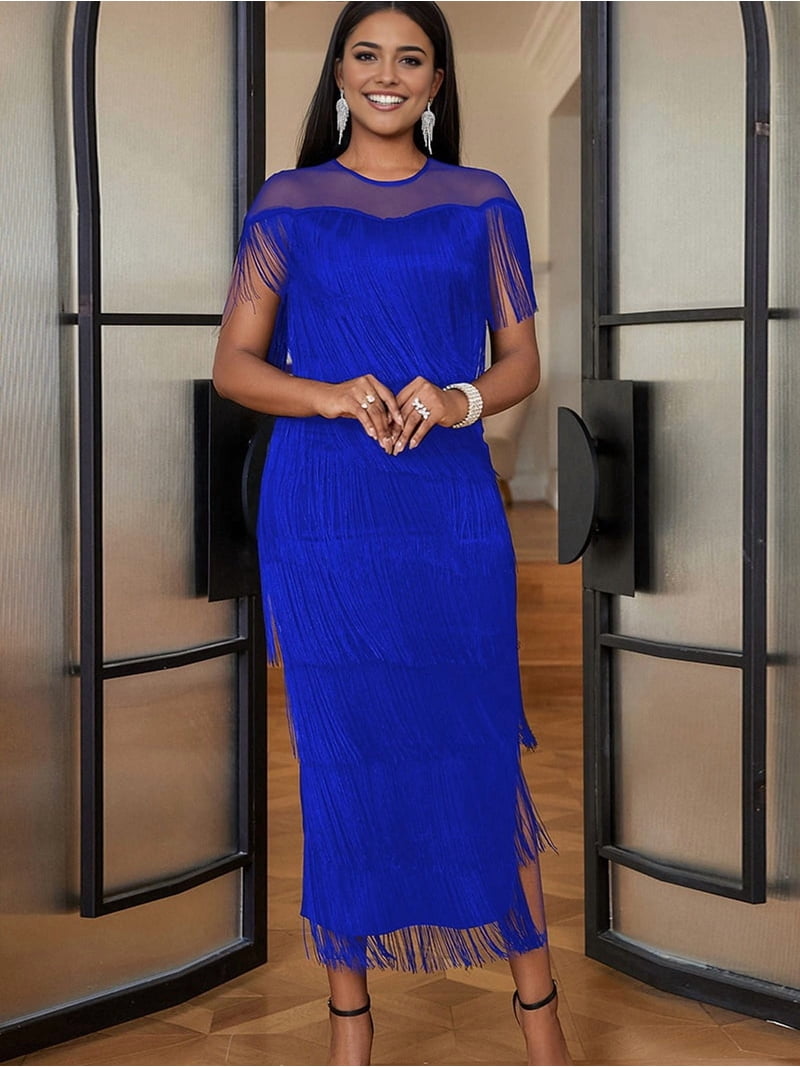 blue fringe flapper dress Women'S Plus Size 1920s Flapper Dress Sleeveless Deep V Neck Fringe All  over Tassel Tiered Prom Party Midi Dress Blue S