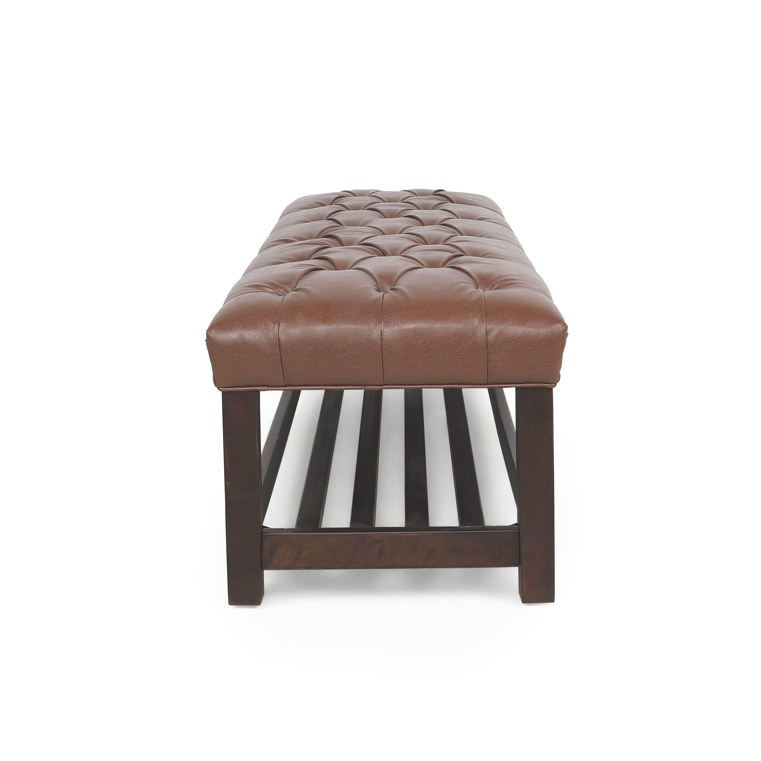 Noble House Wichita Faux Leather Button Tufted Bench with Shelf, Cognac Brown and Dark Walnut