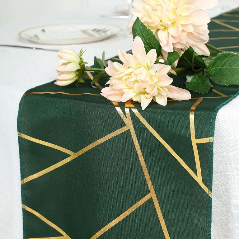 Efavormart 9FT Emerald Green Geometric Table Runner with Gold Foil
