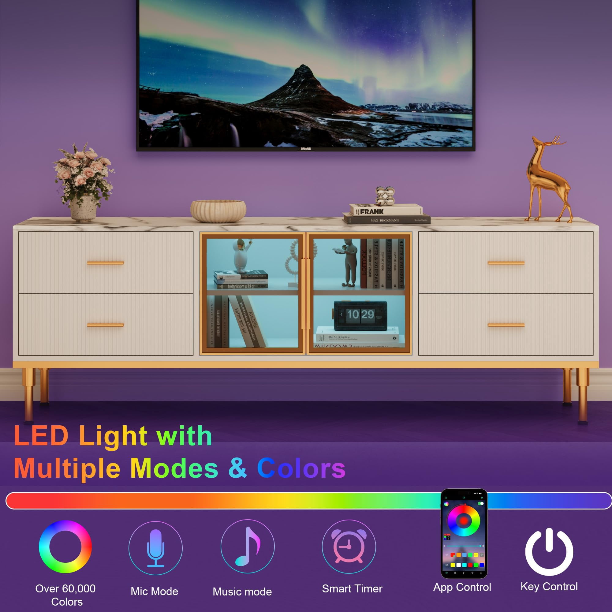 Kojooin Contemporary 65 Inch TV Stand Featuring LED Lights, Spacious Drawers, and Marble-Like Tabletop: Perfect Entertainment Center for Large TVs