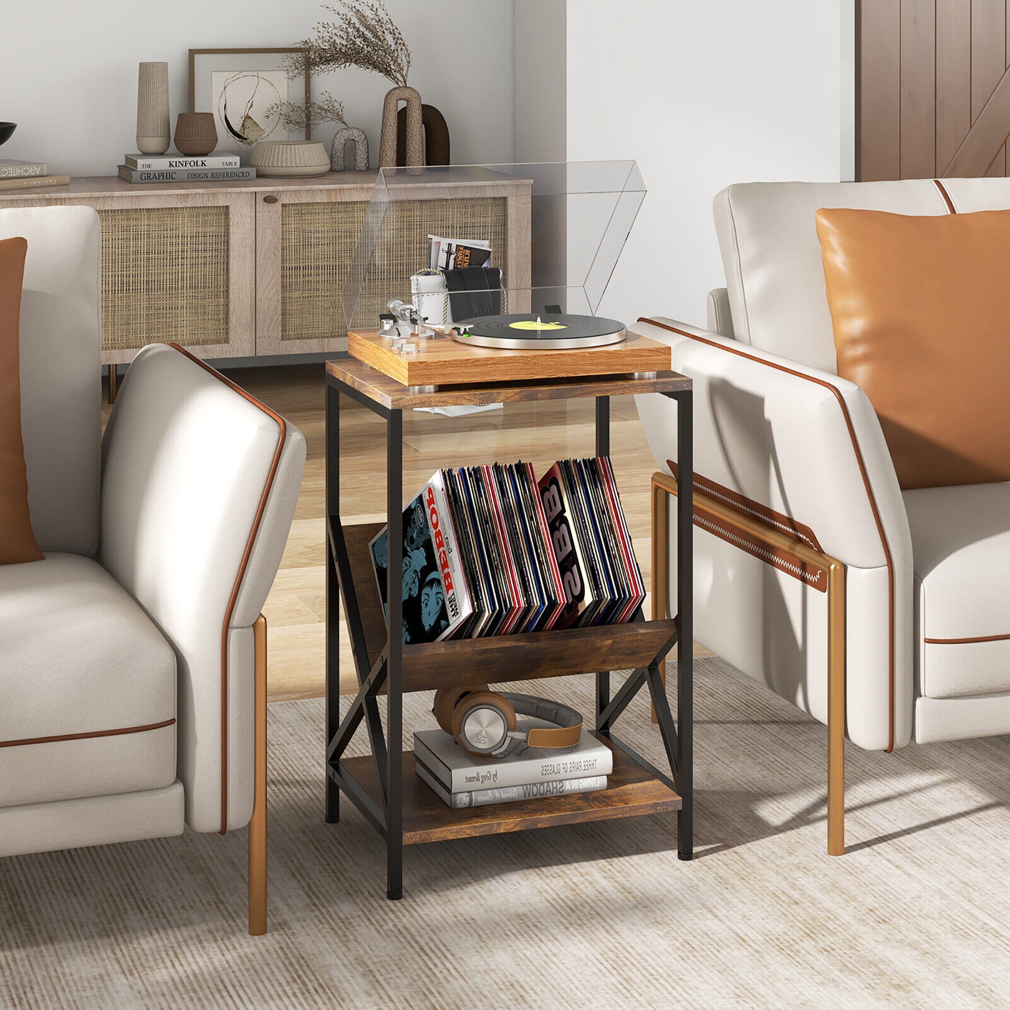 Gymax Industrial Side Table 3-Tier End Table w/ V-Shaped Magazine