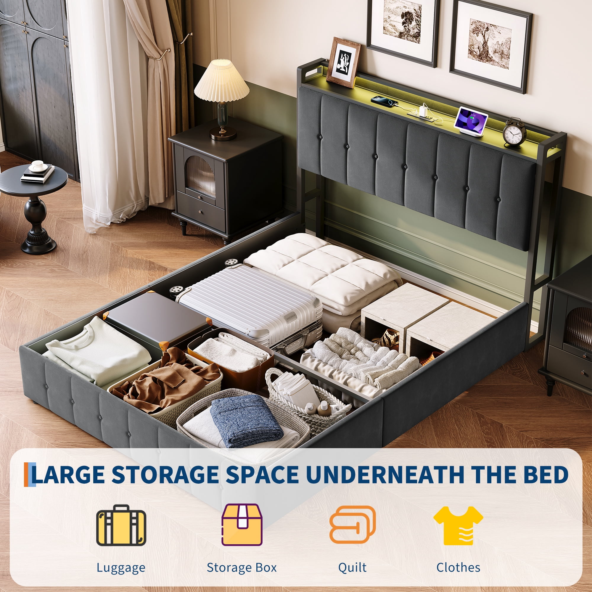 Queen Size Lift Up Storage Bed Frame,Upholstered Platform Bed with Storage Headboard,Hydrualic Underneath Storage,Charging StationNo Box Spring Needed,Easy Assembly