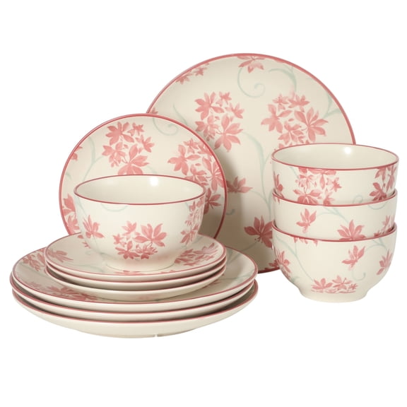 Gibson Home Admiral Hall 12-Piece Stoneware Dinnerware Set, Pink Floral Plates and Bowls, Microwave and Dishwasher Safe, Set for 4