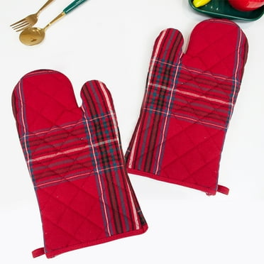 Movsou Oven Mitts Kitchen Cotton Gloves Lining Thick BBQ Gloves Heat Resistant for Cooking Baking Grilling 1 Pair Red