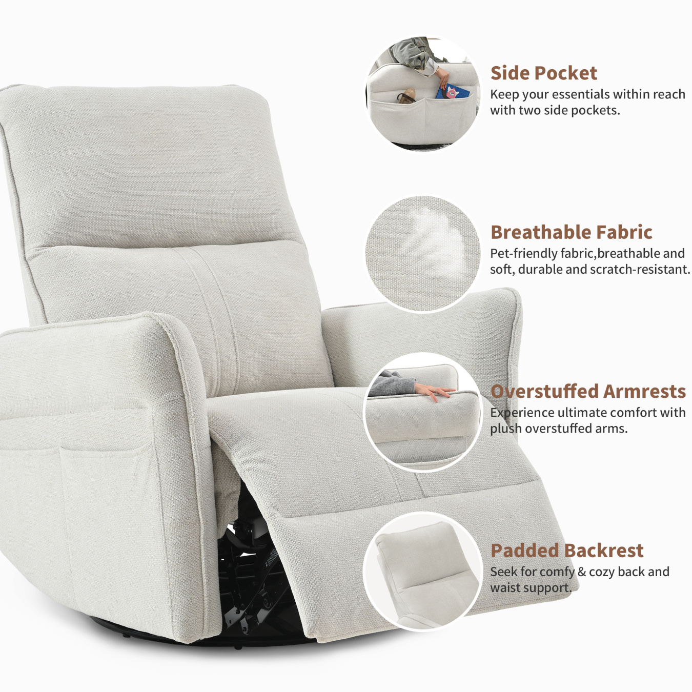360° Swivel Rocker Recliner Chair, Swivel Nursery Rocking Chair w/Pull Lever, Glider Chair, Modern Rocking Swivel Recliner Chair for Bedroom, Living Room Chair Home Theater Seating