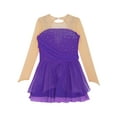 thumbnail image 5 of Doomiva Kids Girls Figure Ice Skating Dress Rhinestones Splice Mesh Long Sleeve Tutu Skirted Leotard Dance Dress Purple 14, 5 of 7